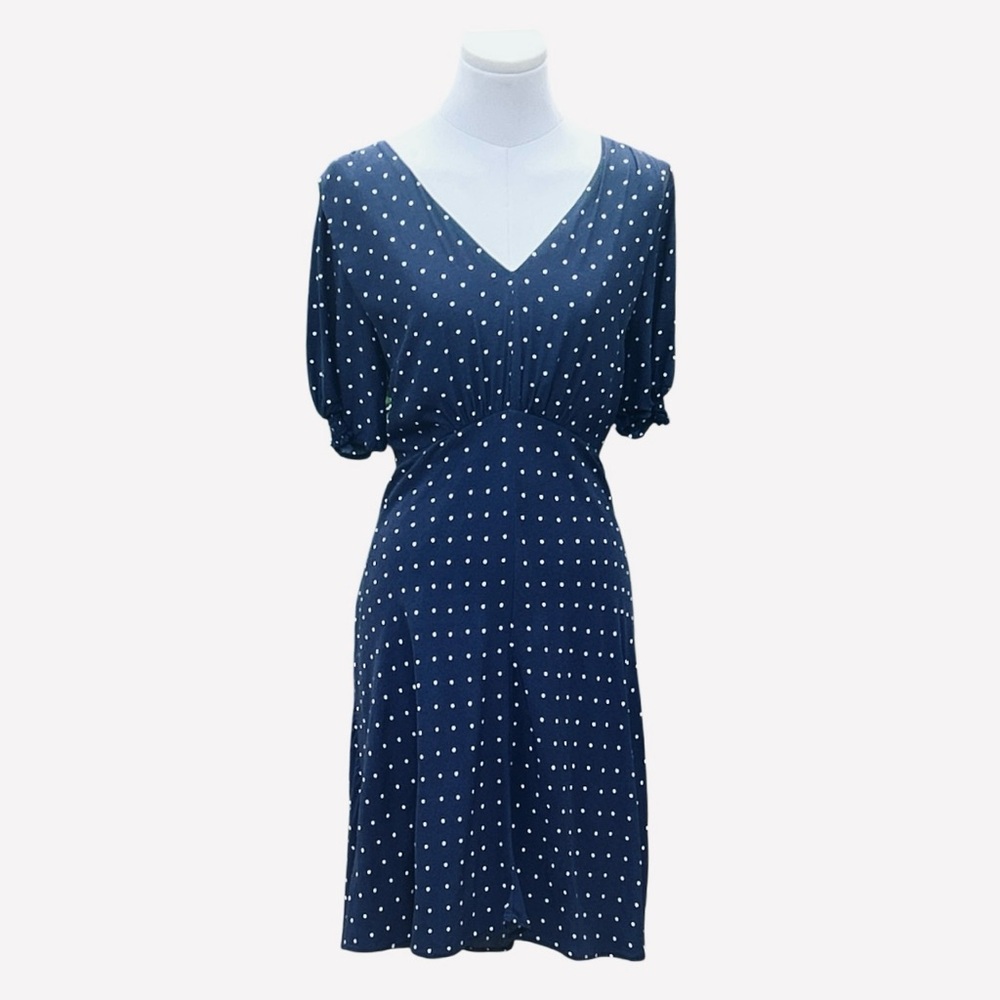 Loft navy dot high waisted, v-neck, short sleeve midi, baby doll dress size 6